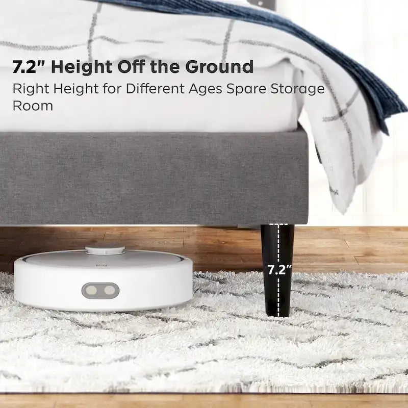 Lit plateforme avec tête de lit capitonnée de rangement et rangement sous le lit