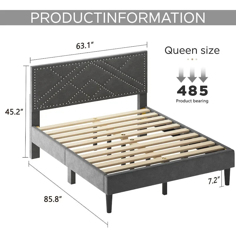 Lit plateforme avec tête de lit capitonnée de rangement et rangement sous le lit
