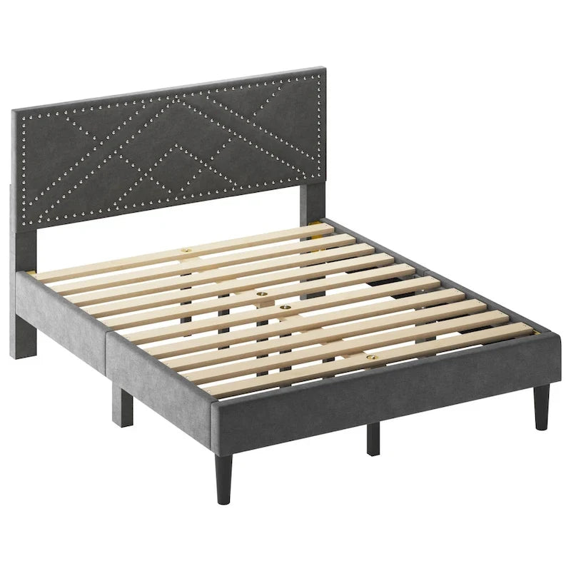 Lit plateforme avec tête de lit capitonnée de rangement et rangement sous le lit