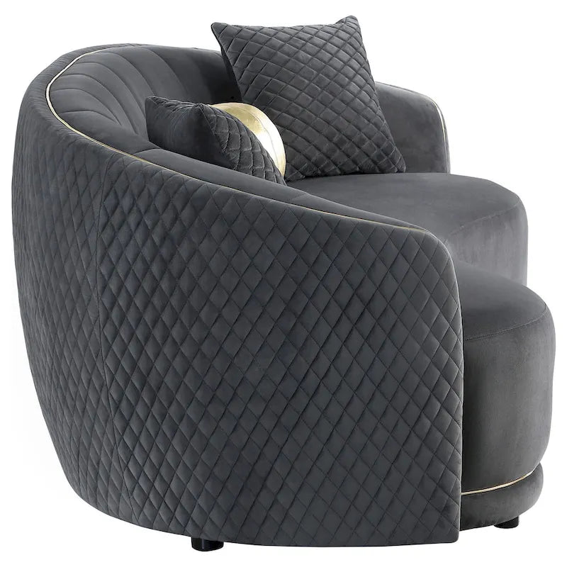 Canapé incurvé gris foncé en polyester, passepoil doré