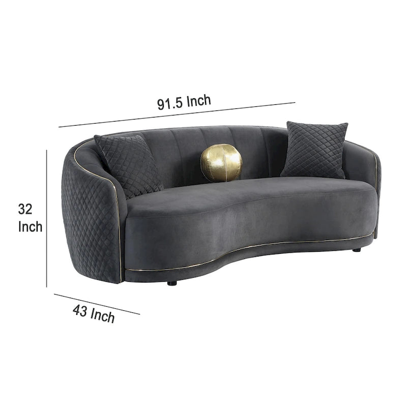 Canapé incurvé gris foncé en polyester, passepoil doré