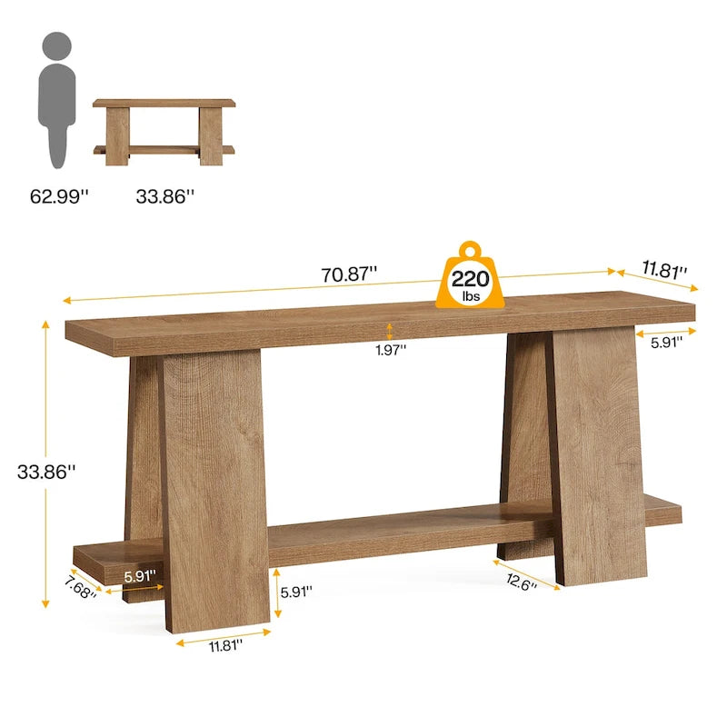 Grande table console, table console moderne à 2 niveaux pour entrée