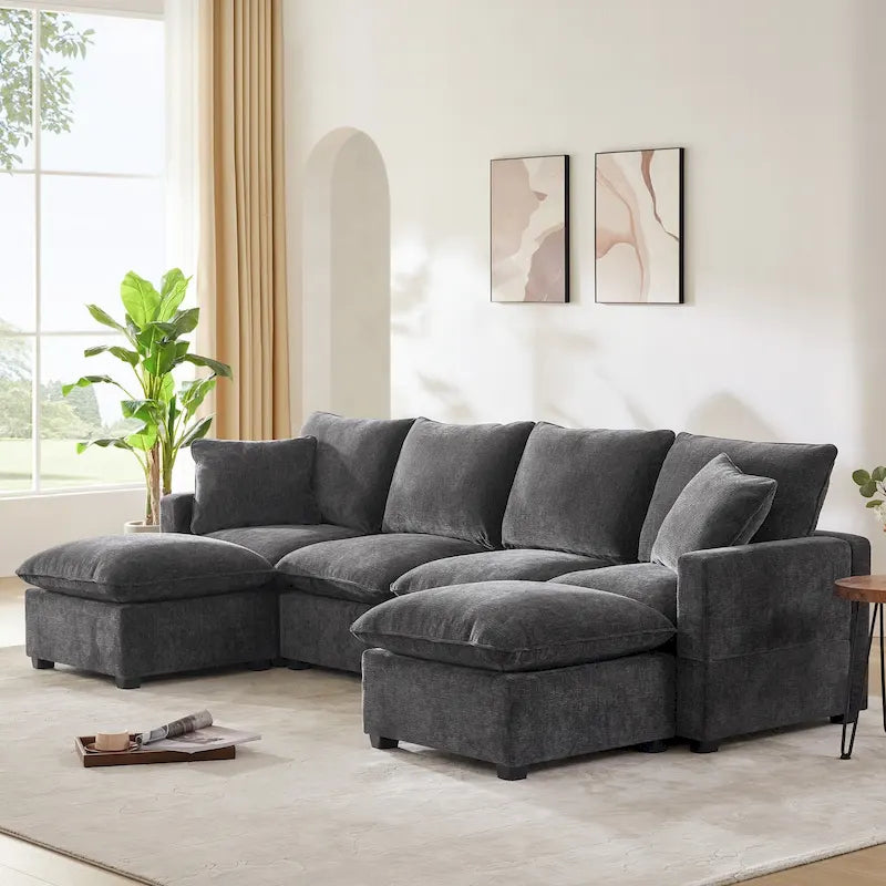 Canapé modulaire en U, 6 places, en chenille, assise profonde