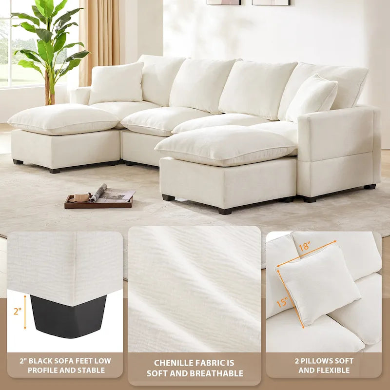 Canapé modulaire en U, 6 places, en chenille, assise profonde