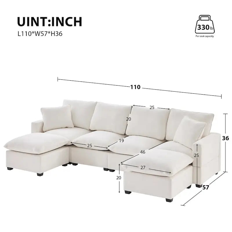 Canapé modulaire en U, 6 places, en chenille, assise profonde