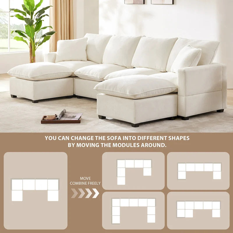Canapé modulaire en U, 6 places, en chenille, assise profonde