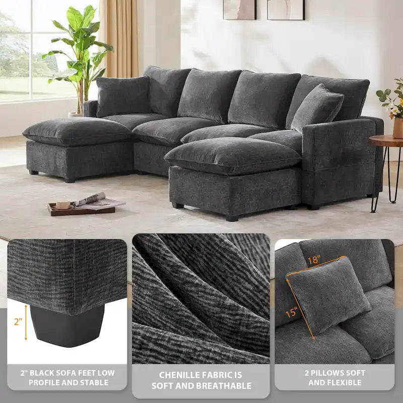 Canapé modulaire en U, 6 places, en chenille, assise profonde