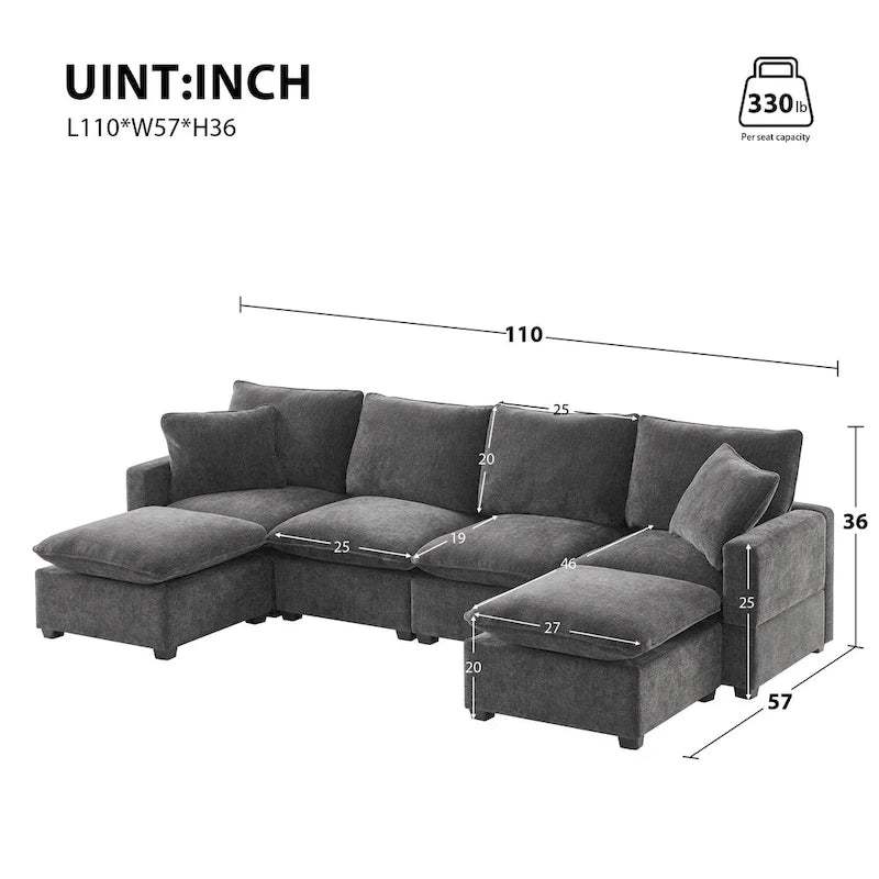 Canapé modulaire en U, 6 places, en chenille, assise profonde