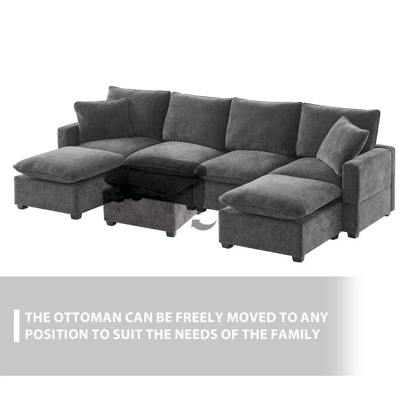 Canapé modulaire en U, 6 places, en chenille, assise profonde