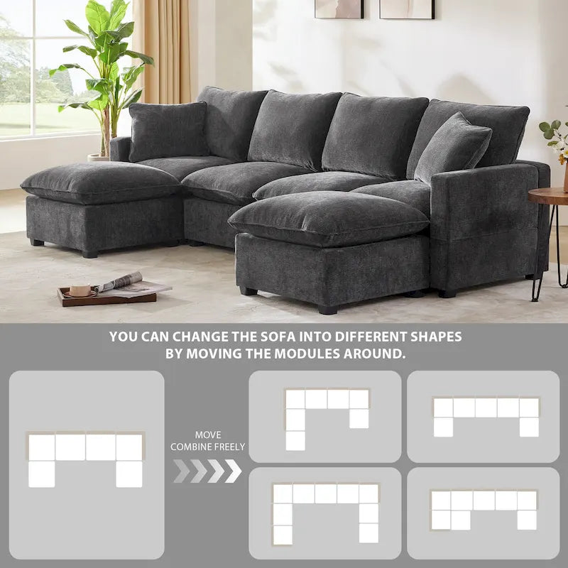 Canapé modulaire en U, 6 places, en chenille, assise profonde