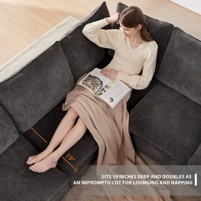 Canapé modulaire en U, 6 places, en chenille, assise profonde