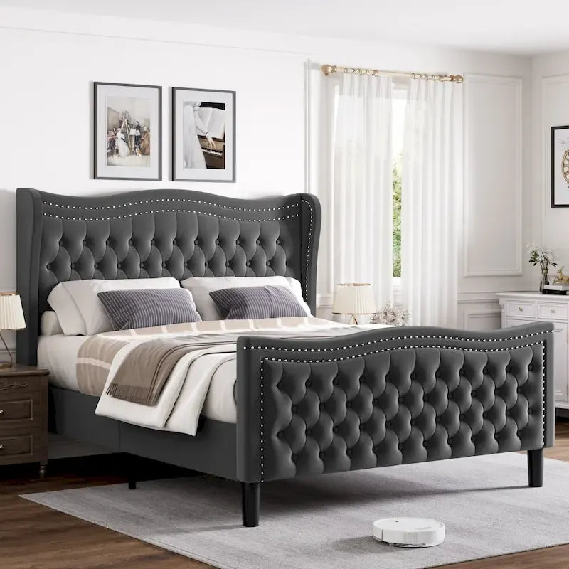 Lit plateforme en velours de style moderne avec tête de lit rembourrée