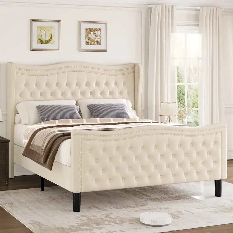 Lit plateforme en velours de style moderne avec tête de lit rembourrée