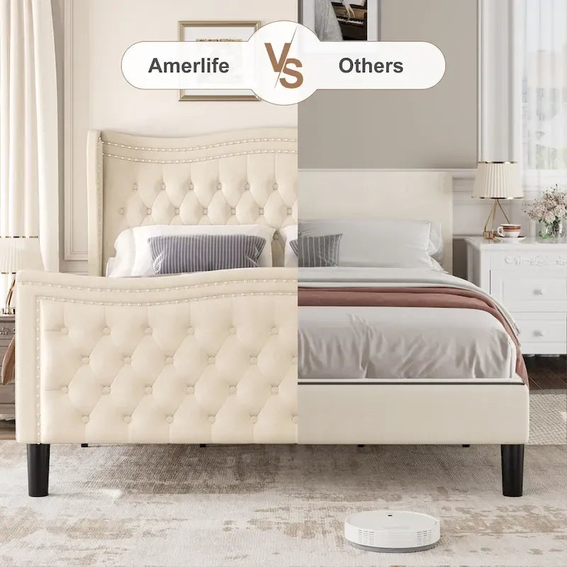 Lit plateforme en velours de style moderne avec tête de lit rembourrée