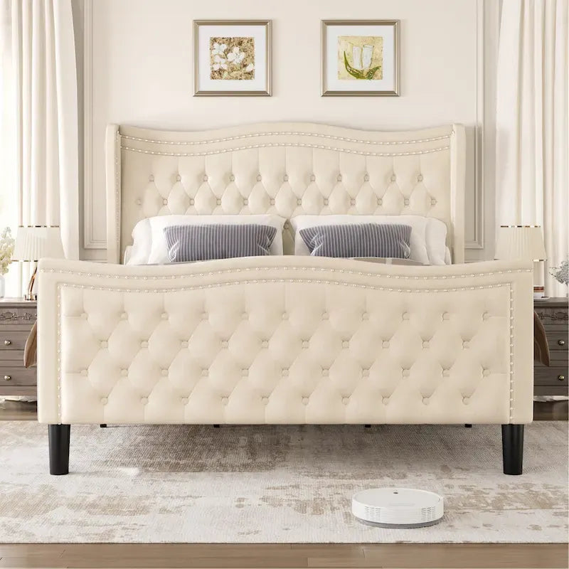 Lit plateforme en velours de style moderne avec tête de lit rembourrée