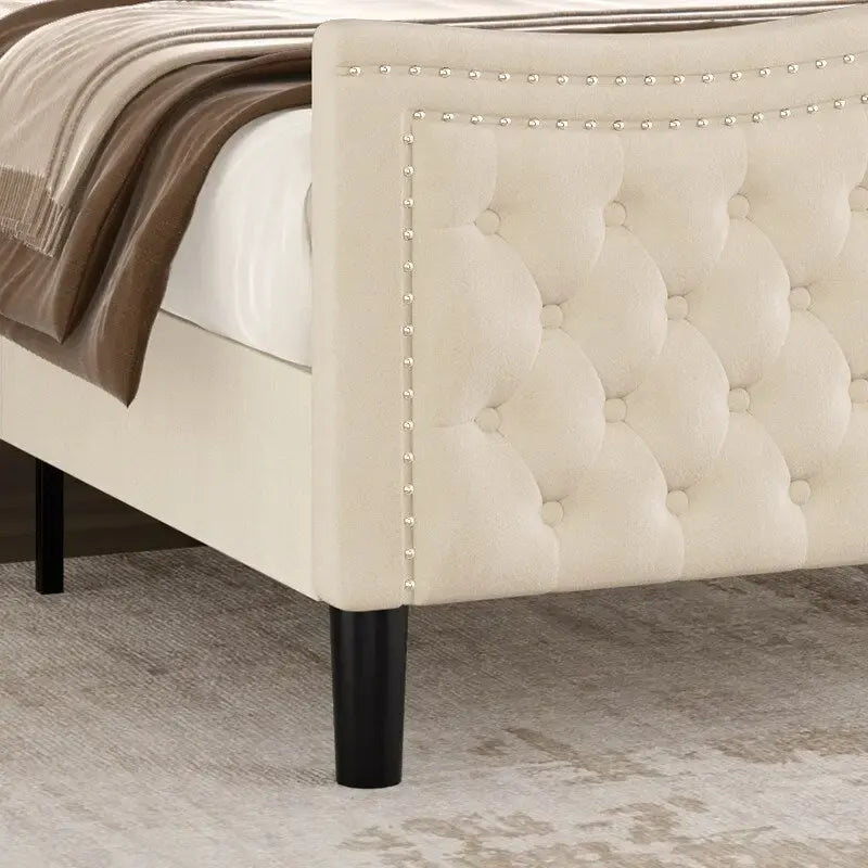 Lit plateforme en velours de style moderne avec tête de lit rembourrée
