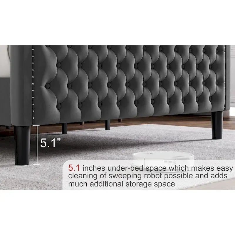 Lit plateforme en velours de style moderne avec tête de lit rembourrée