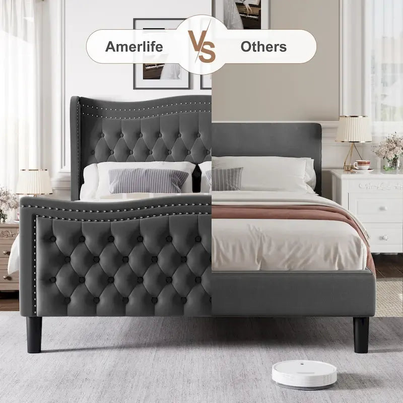 Lit plateforme en velours de style moderne avec tête de lit rembourrée