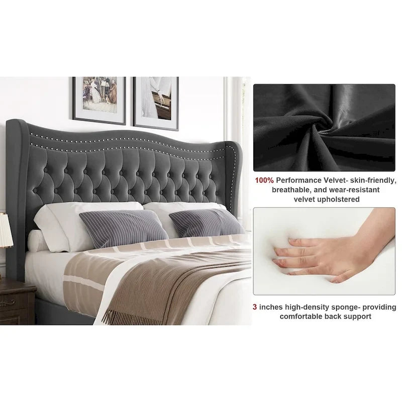 Lit plateforme en velours de style moderne avec tête de lit rembourrée
