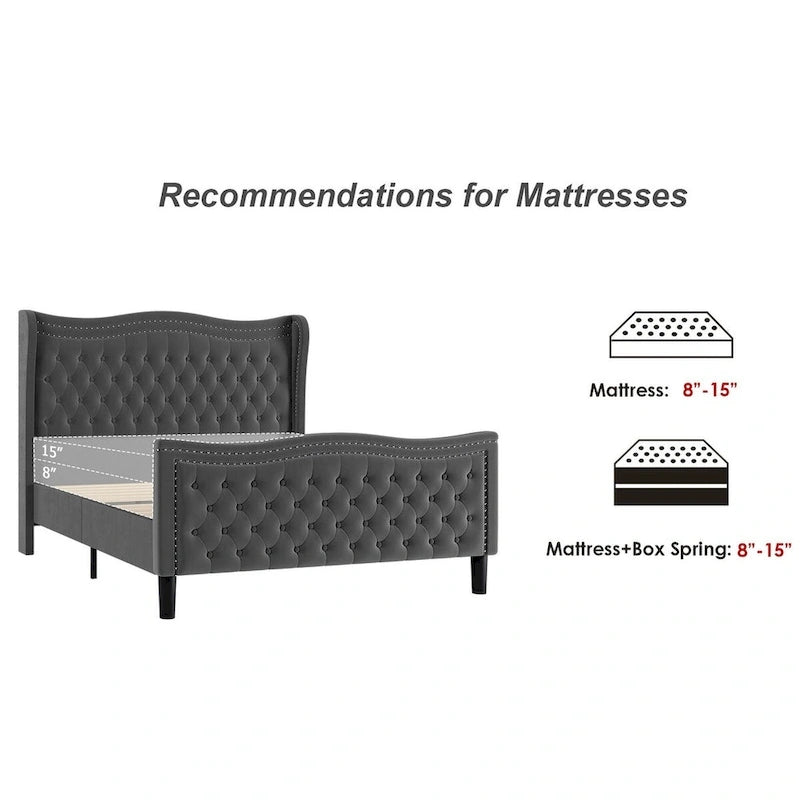 Lit plateforme en velours de style moderne avec tête de lit rembourrée