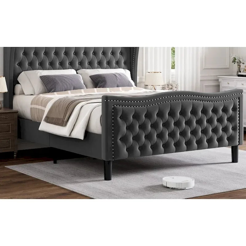 Lit plateforme en velours de style moderne avec tête de lit rembourrée