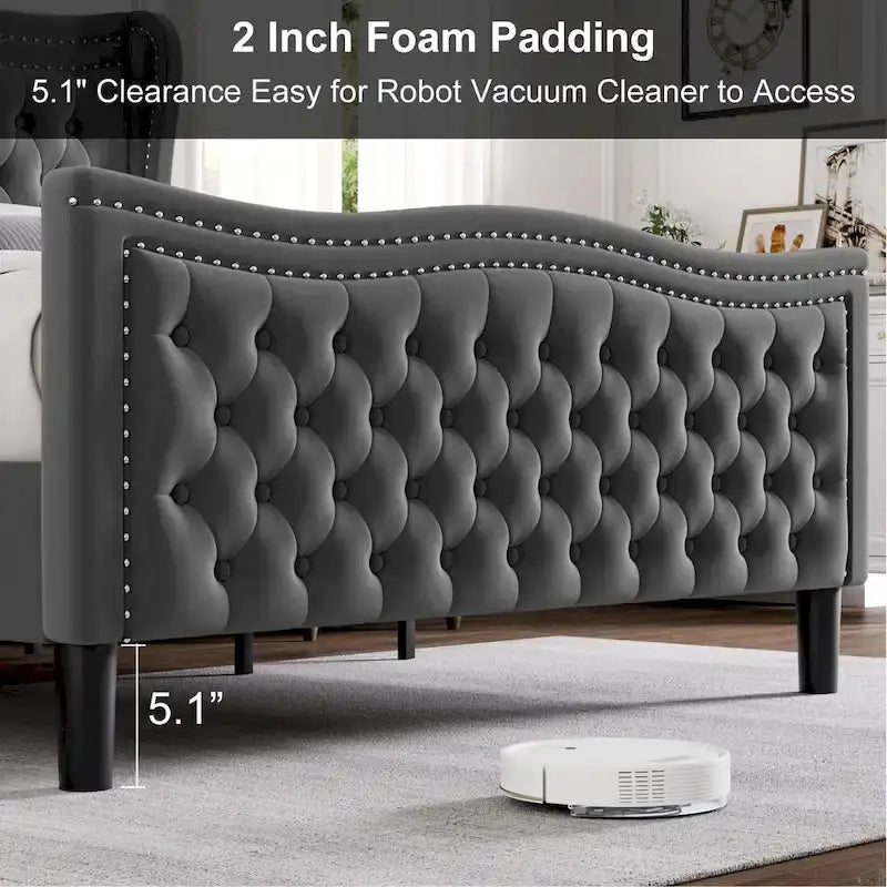 Lit plateforme en velours de style moderne avec tête de lit rembourrée
