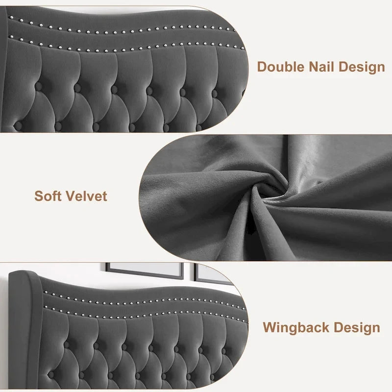 Lit plateforme en velours de style moderne avec tête de lit rembourrée