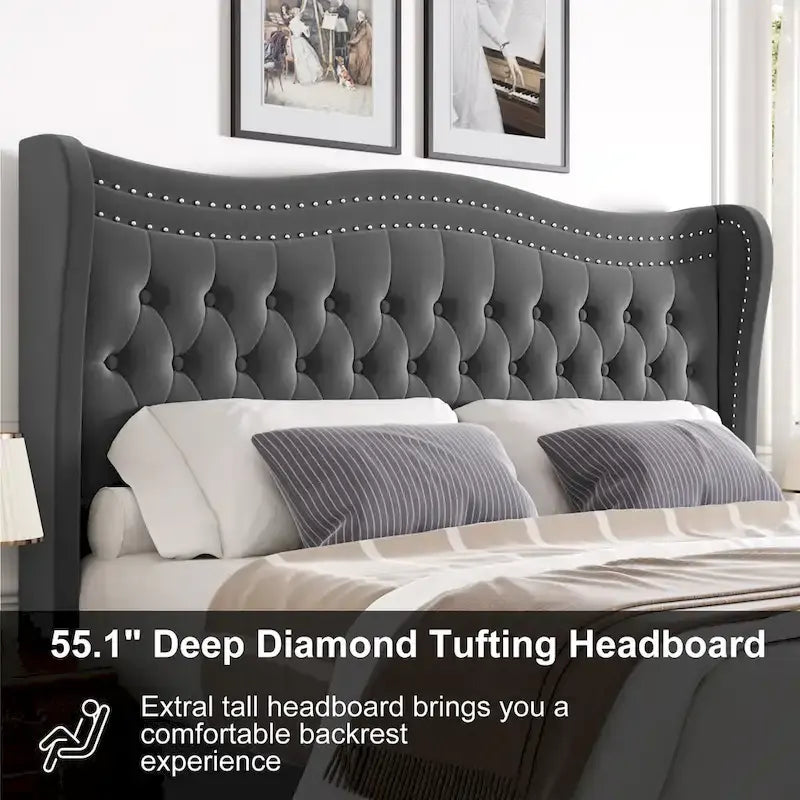 Lit plateforme en velours de style moderne avec tête de lit rembourrée