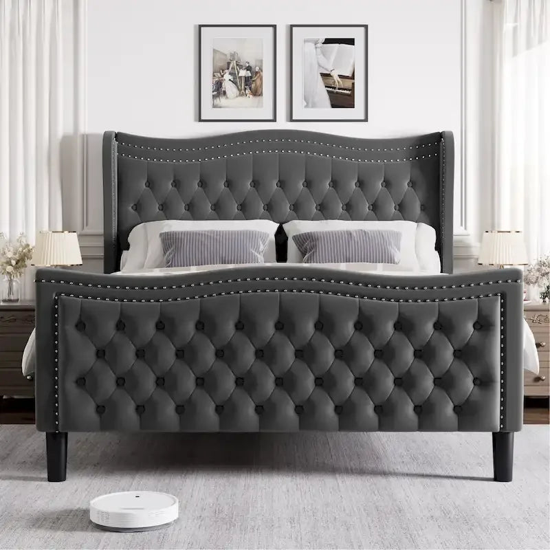Lit plateforme en velours de style moderne avec tête de lit rembourrée