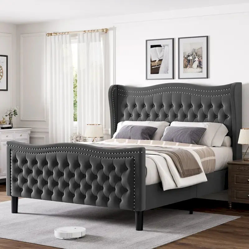 Lit plateforme en velours de style moderne avec tête de lit rembourrée