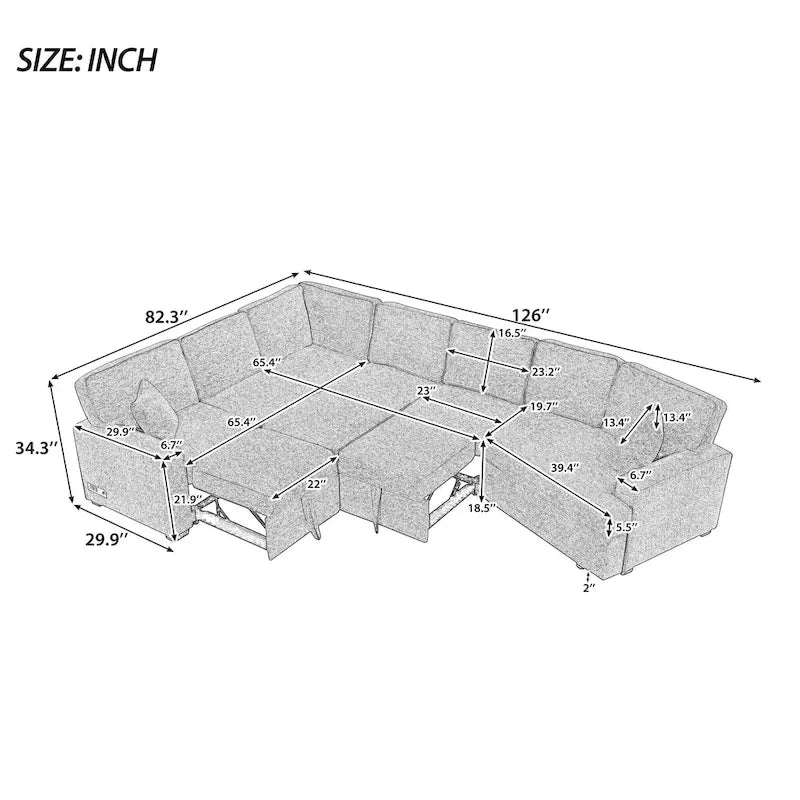 Canapé d'angle 6 places avec lit gigogne, ports de charge USB et accoudoir rabattable