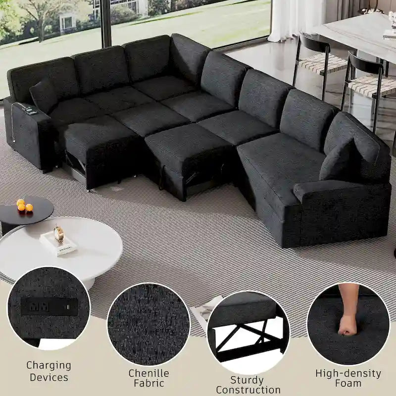 Canapé d'angle 6 places avec lit gigogne, ports de charge USB et accoudoir rabattable