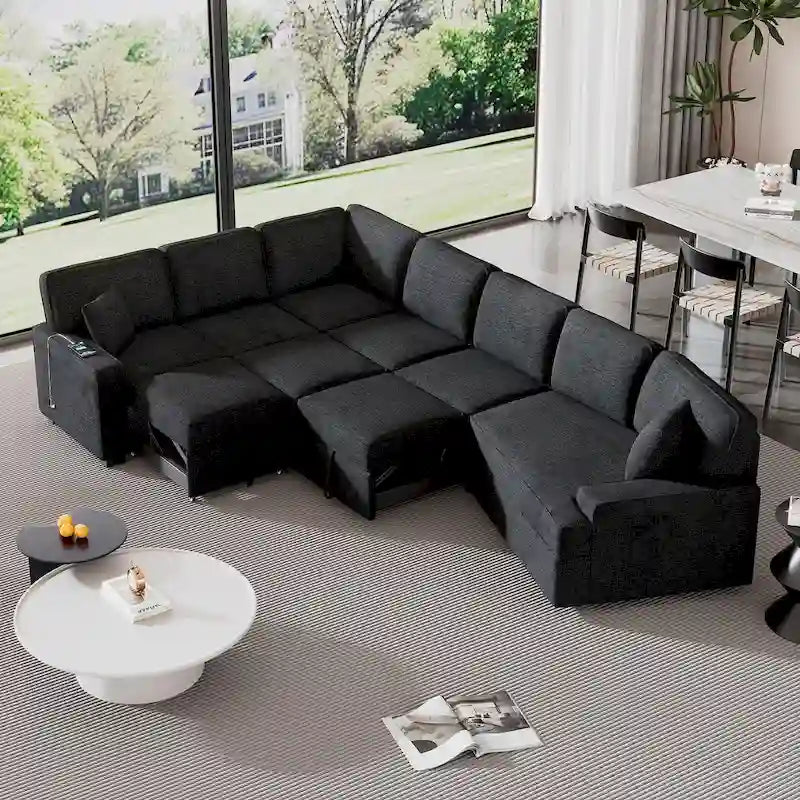Canapé d'angle 6 places avec lit gigogne, ports de charge USB et accoudoir rabattable