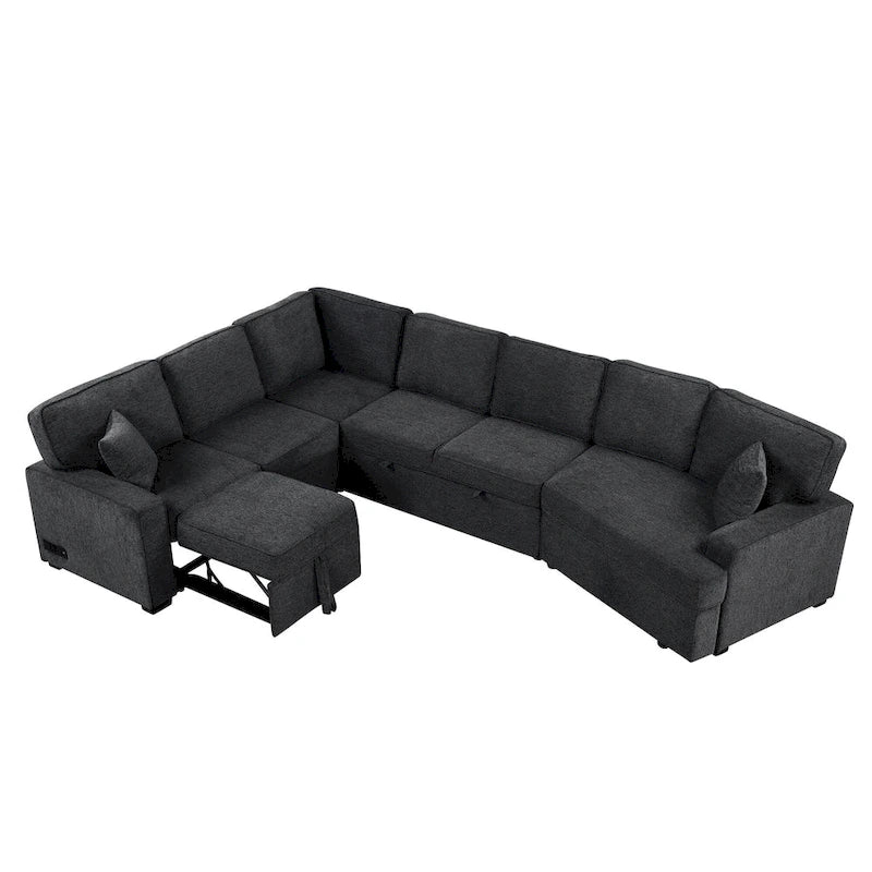 Canapé d'angle 6 places avec lit gigogne, ports de charge USB et accoudoir rabattable