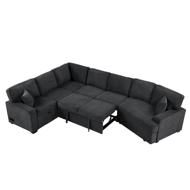 Canapé d'angle 6 places avec lit gigogne, ports de charge USB et accoudoir rabattable