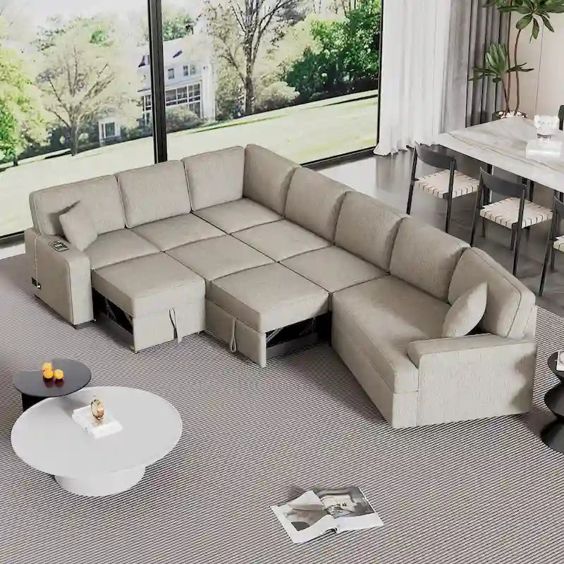 Canapé d'angle 6 places avec lit gigogne, ports de charge USB et accoudoir rabattable