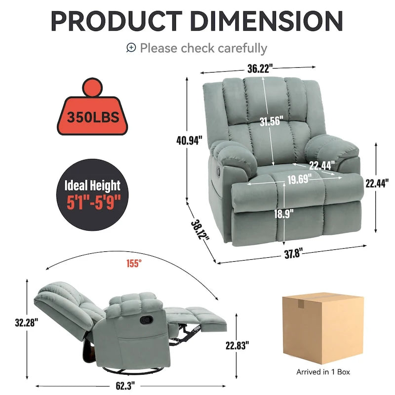 Fauteuil inclinable en tissu surdimensionné avec pivotement à 360°, fonction bascule