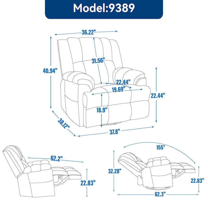 Fauteuil inclinable en tissu surdimensionné avec pivotement à 360°, fonction bascule