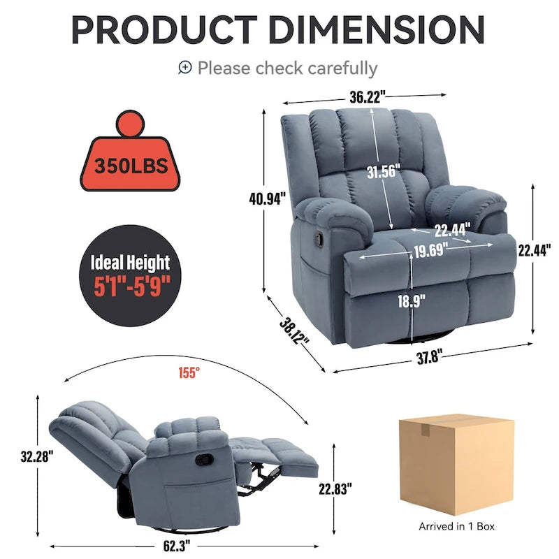 Fauteuil inclinable en tissu surdimensionné avec pivotement à 360°, fonction bascule