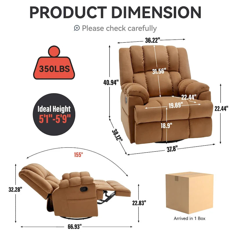 Fauteuil inclinable en tissu surdimensionné avec pivotement à 360°, fonction bascule