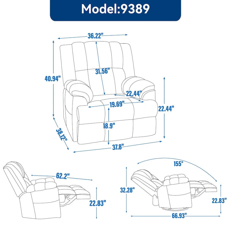 Fauteuil inclinable en tissu surdimensionné avec pivotement à 360°, fonction bascule