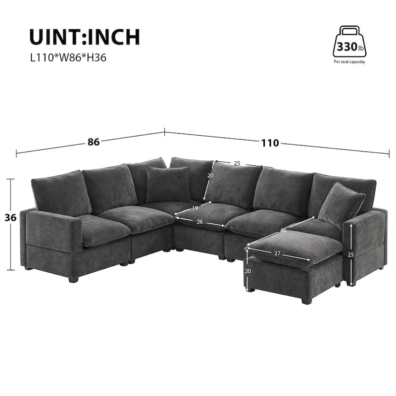 Canapé d'angle modulaire 7 places en chenille avec 2 oreillers et pouf