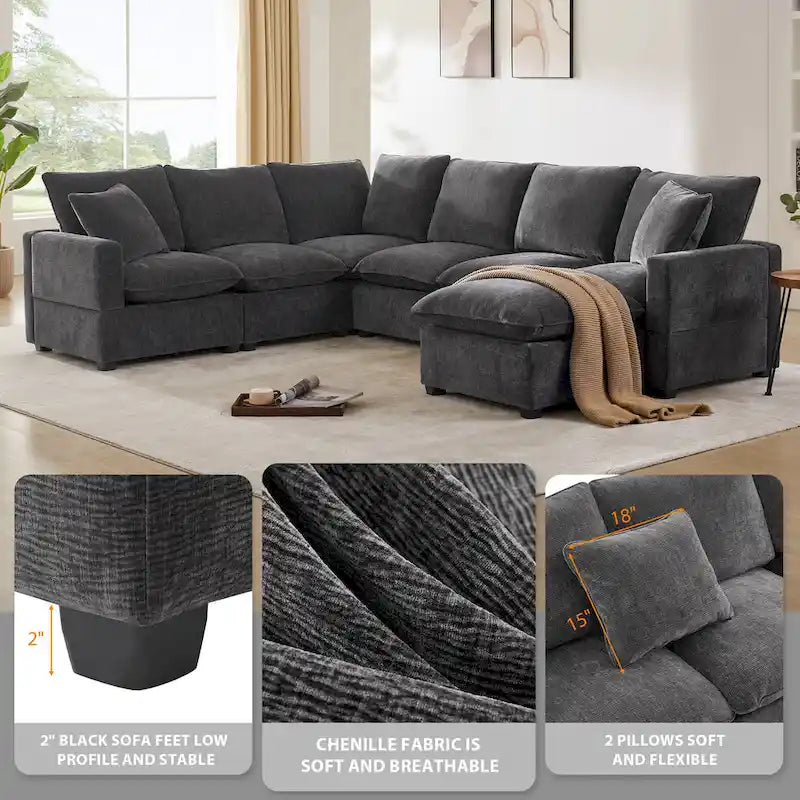 Canapé d'angle modulaire 7 places en chenille avec 2 oreillers et pouf