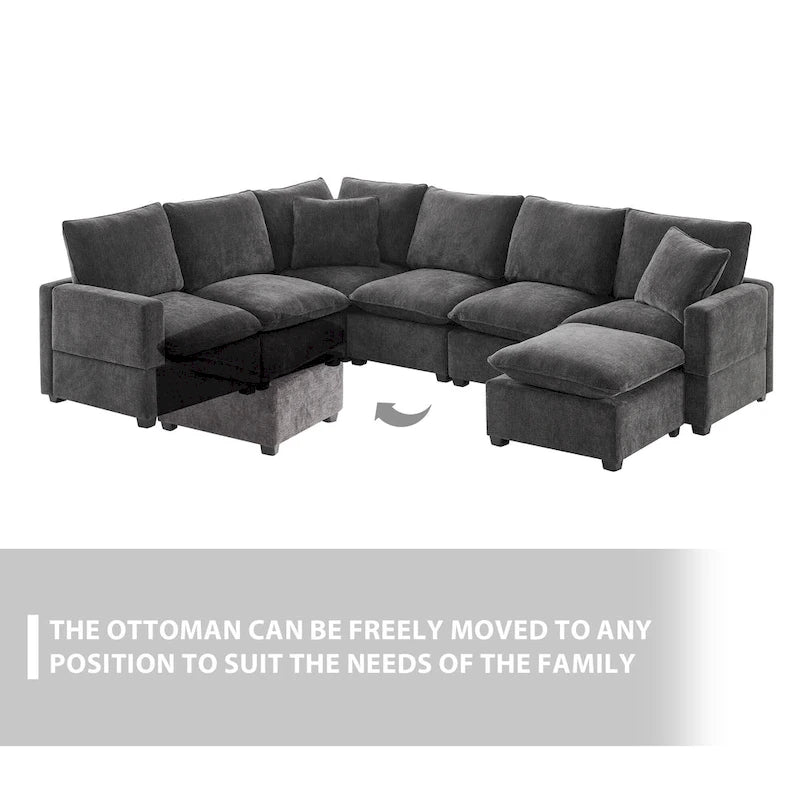 Canapé d'angle modulaire 7 places en chenille avec 2 oreillers et pouf