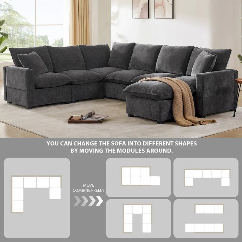 Canapé d'angle modulaire 7 places en chenille avec 2 oreillers et pouf