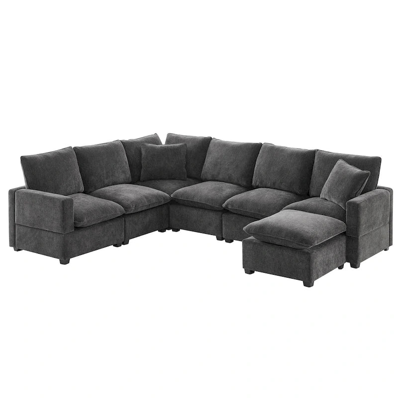 Canapé d'angle modulaire 7 places en chenille avec 2 oreillers et pouf