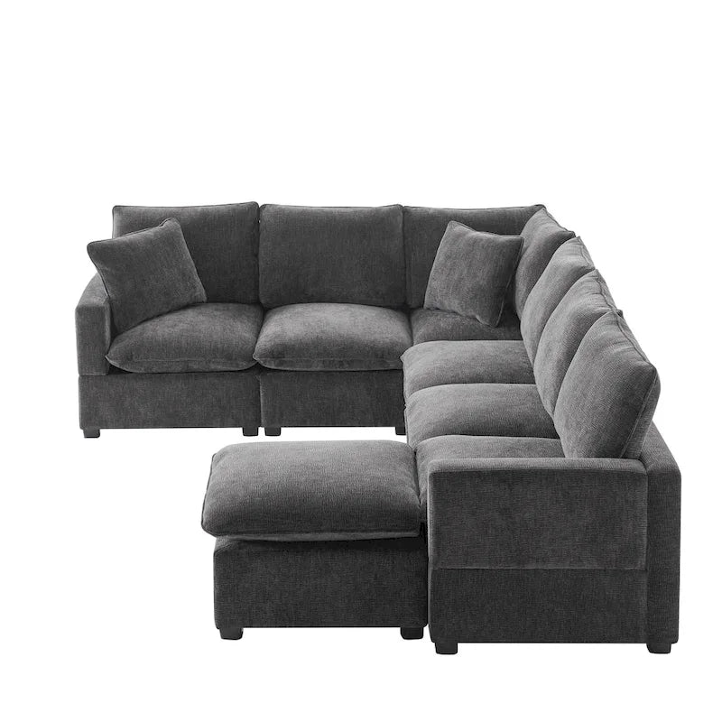 Canapé d'angle modulaire 7 places en chenille avec 2 oreillers et pouf
