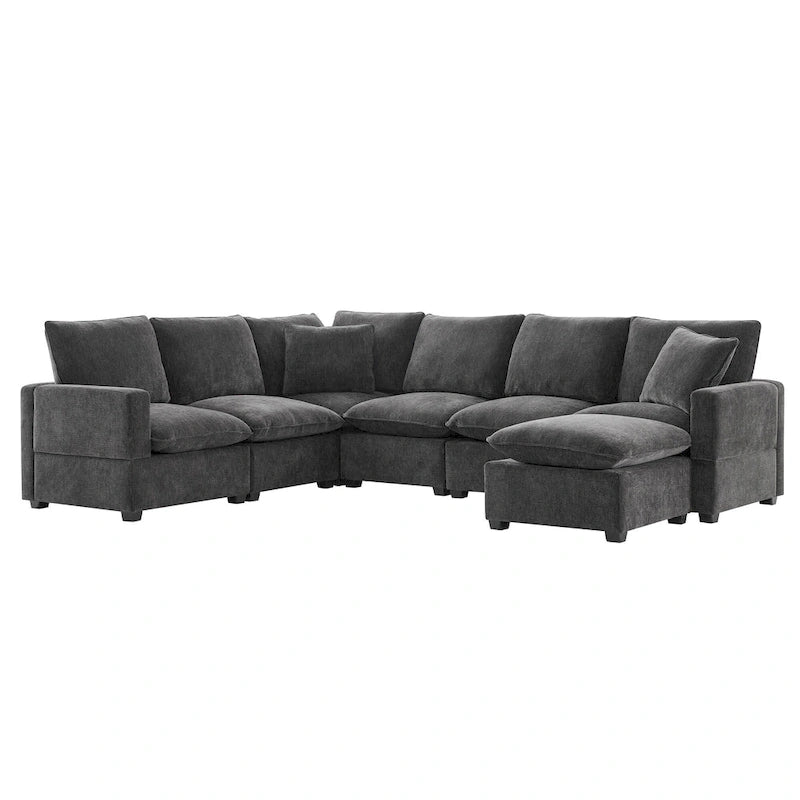 Canapé d'angle modulaire 7 places en chenille avec 2 oreillers et pouf