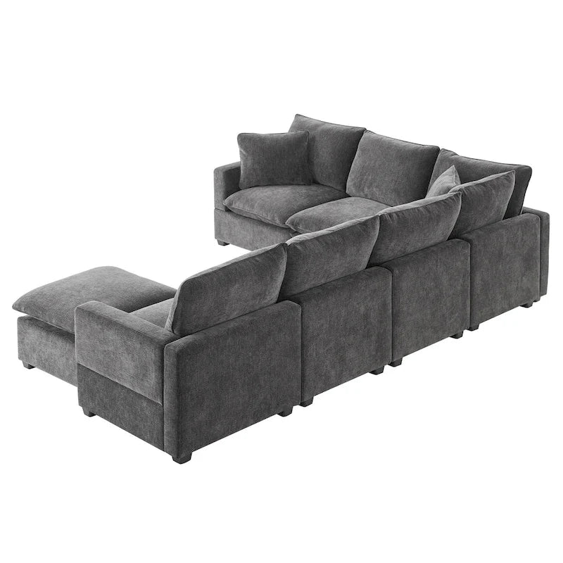 Canapé d'angle modulaire 7 places en chenille avec 2 oreillers et pouf