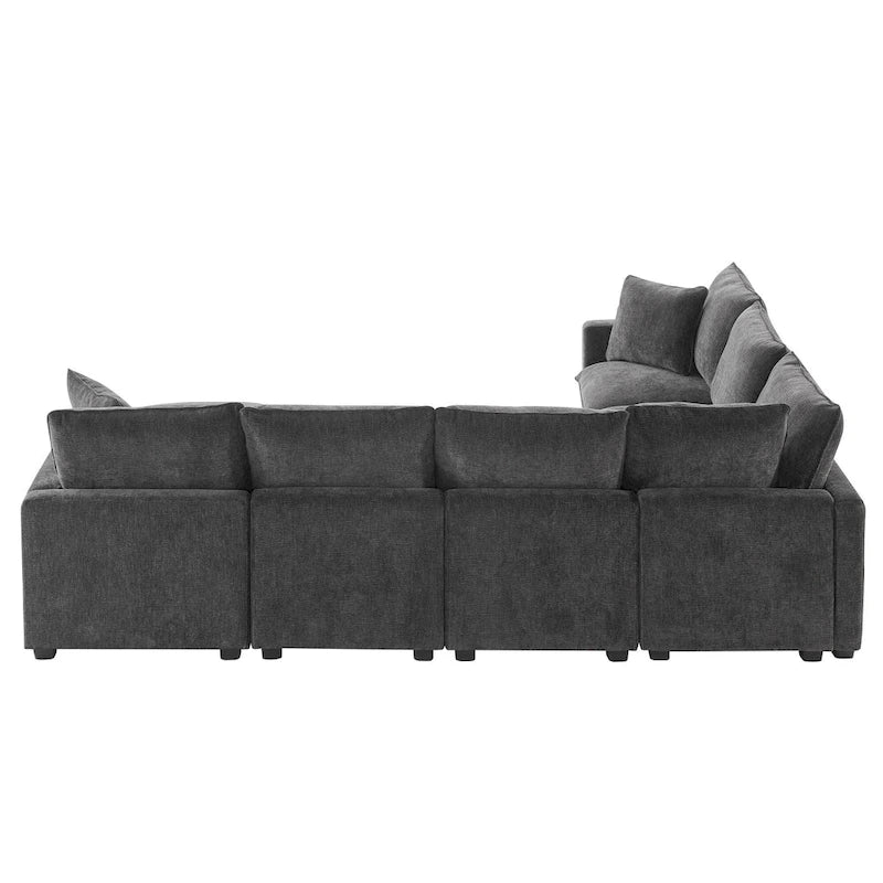 Canapé d'angle modulaire 7 places en chenille avec 2 oreillers et pouf